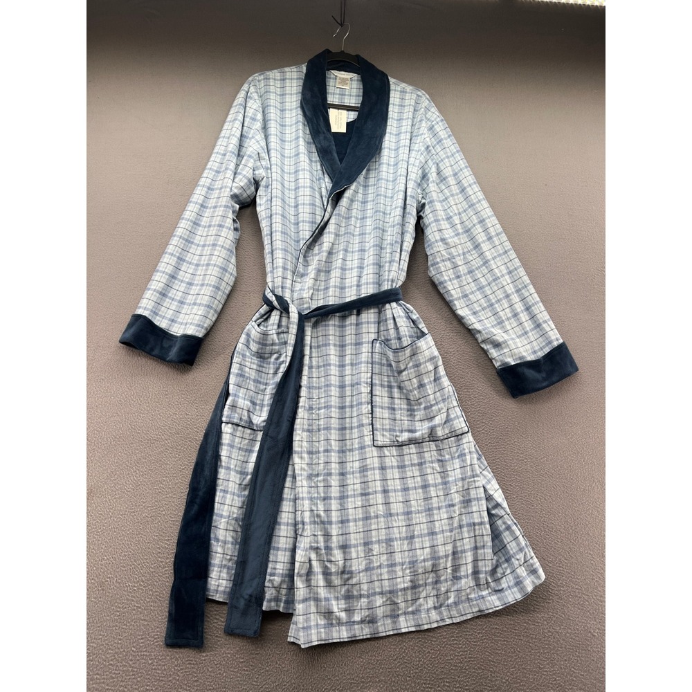 The Company Store Plaid Robe Blue White Cotton Plush Lined Shawl Collar S/M NEW